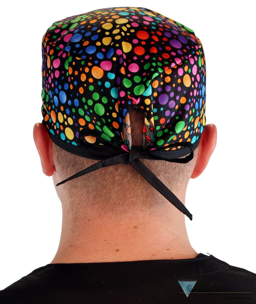 Classic Cotton Surgical Scrub Cap American Made with Sweatband Multi Color Dots with Black Ties Surgical Scrub Caps