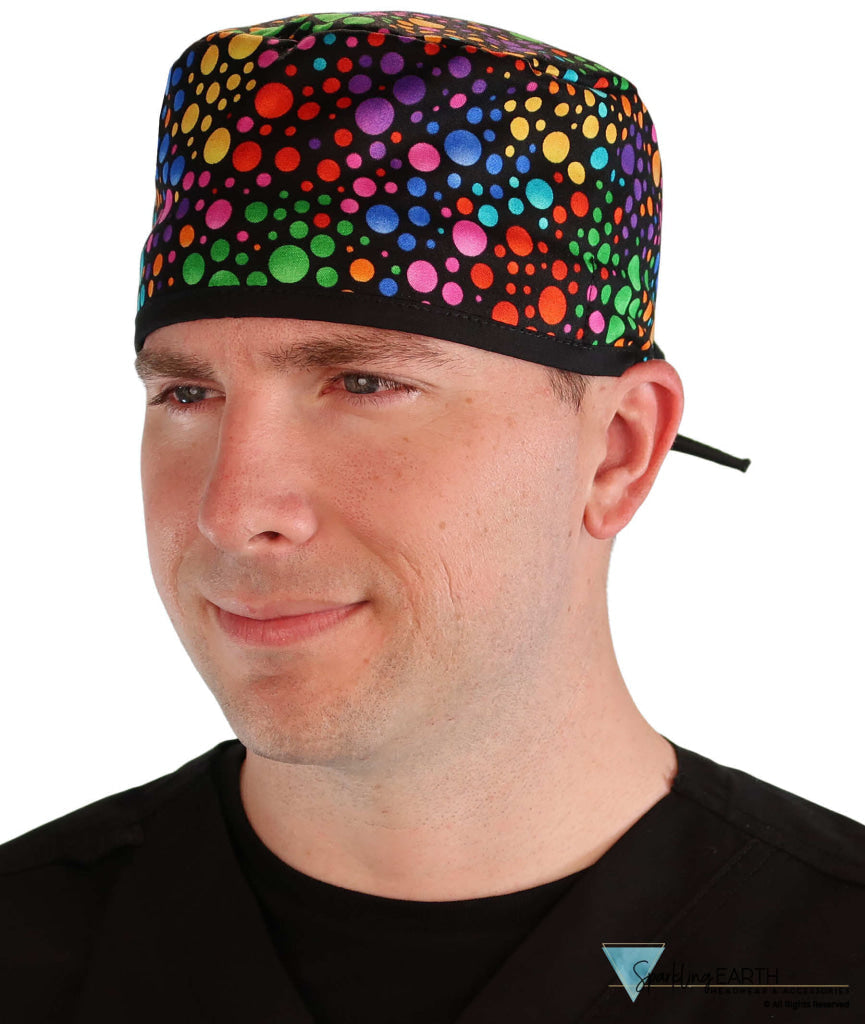 Classic Cotton Surgical Scrub Cap - American-Made with Sweatband - Multi Color Dots with Black Ties SALE-Fall-2025