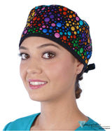 Classic Cotton Surgical Scrub Cap - American-Made with Sweatband - Multi Color Dots with Black Ties SALE-Fall-2025
