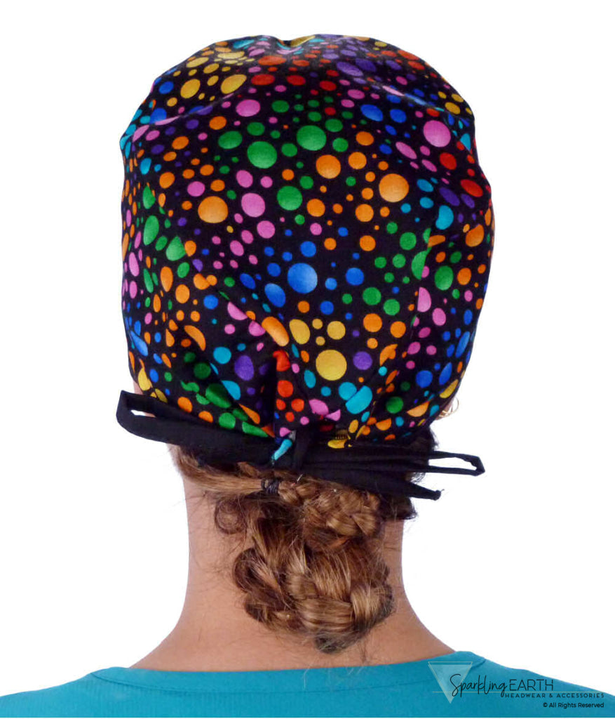 Classic Cotton Surgical Scrub Cap American Made with Sweatband Multi Color Dots with Black Ties Surgical Scrub Caps