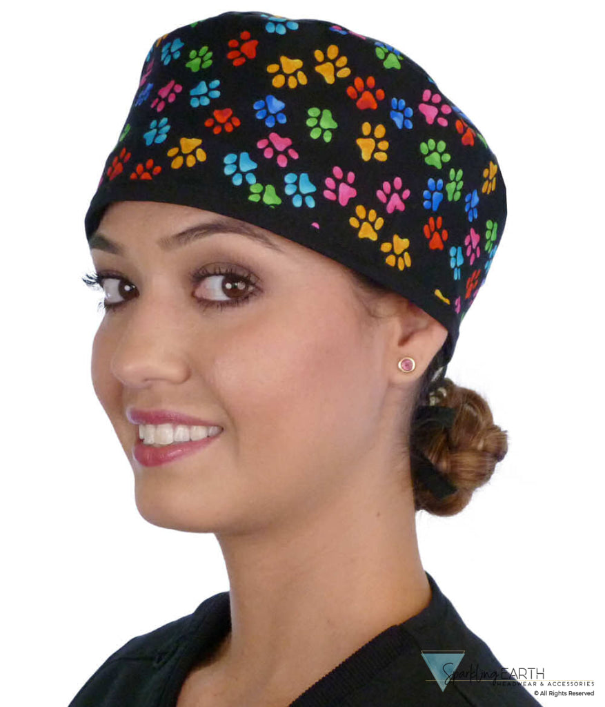 Classic Cotton Surgical Scrub Cap American Made with Sweatband Multi Color Paws with Black Ties Surgical Scrub Caps