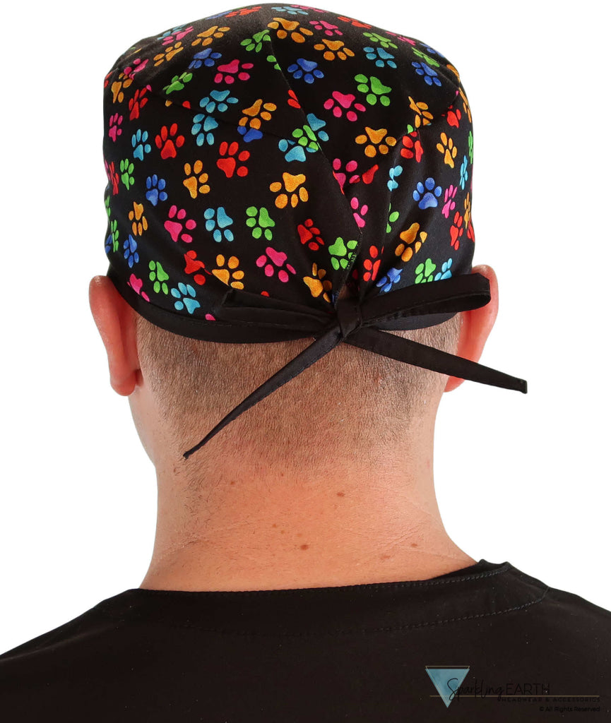Classic Cotton Surgical Scrub Cap American Made with Sweatband Multi Color Paws with Black Ties Surgical Scrub Caps
