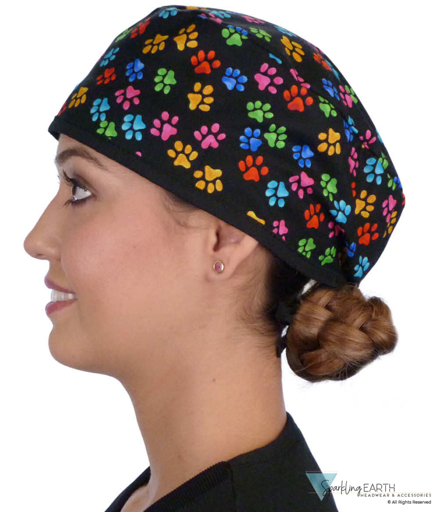 Classic Cotton Surgical Scrub Cap American Made with Sweatband Multi Color Paws with Black Ties Surgical Scrub Caps