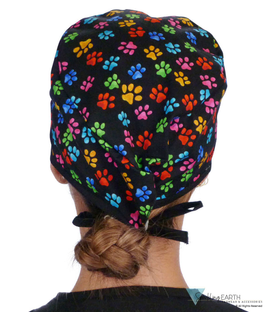 Classic Cotton Surgical Scrub Cap American Made with Sweatband Multi Color Paws with Black Ties Surgical Scrub Caps