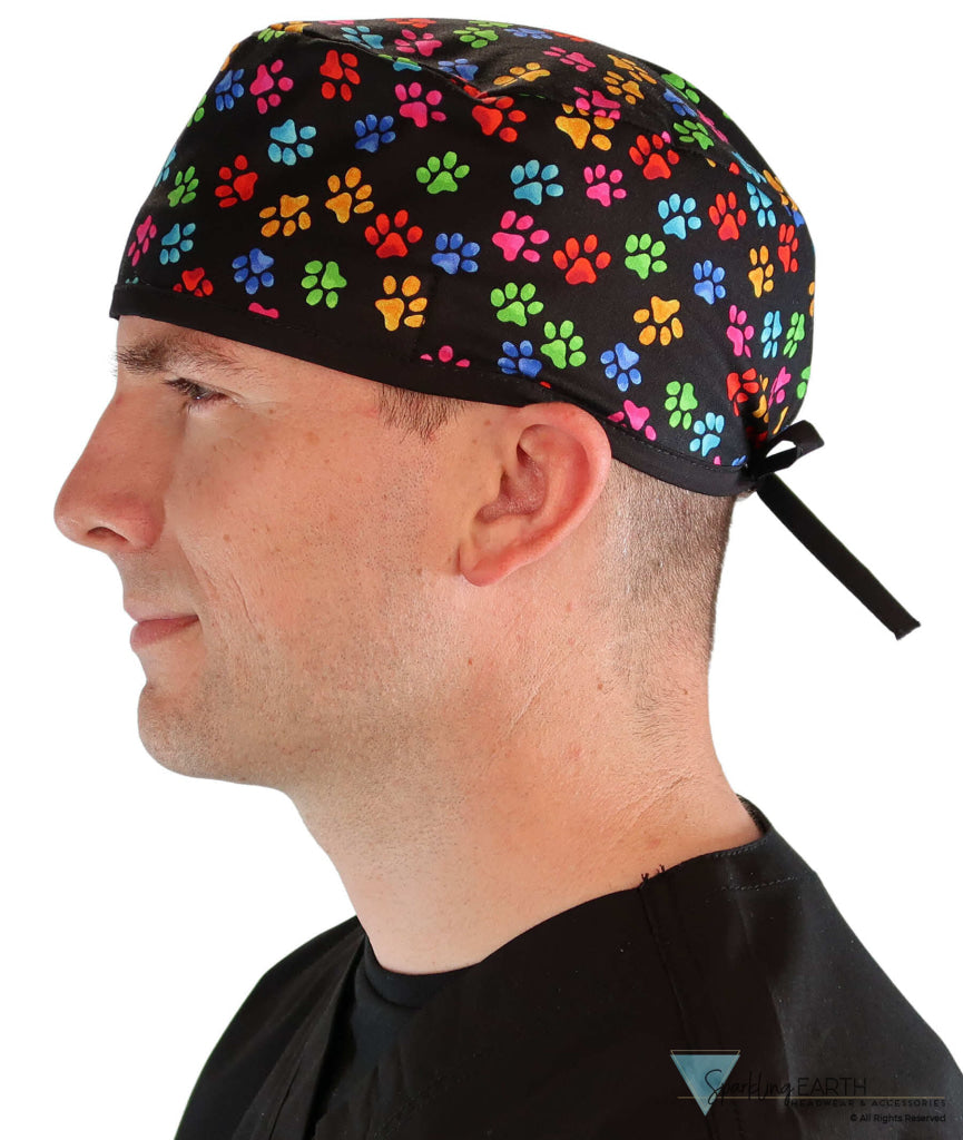 Classic Cotton Surgical Scrub Cap American Made with Sweatband Multi Color Paws with Black Ties Surgical Scrub Caps