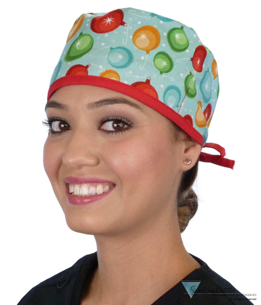 Classic Cotton Surgical Scrub Cap American Made with Sweatband Ornaments with Red Ties Surgical Scrub Caps