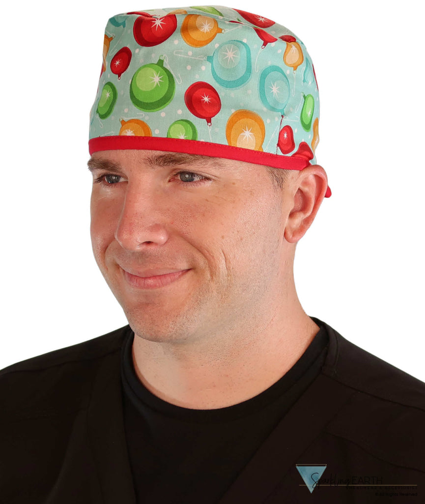 Classic Cotton Surgical Scrub Cap American Made with Sweatband Ornaments with Red Ties Surgical Scrub Caps