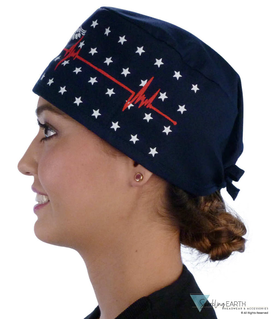 Classic Cotton Surgical Scrub Cap American Made with Sweatband Patriotic Caduceus on Navy Surgical Scrub Caps
