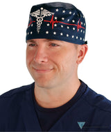 Classic Cotton Surgical Scrub Cap - American-Made with Sweatband - Patriotic Caduceus on Navy - Surgical Scrub Caps - Sparkling EARTH