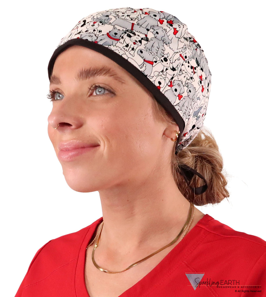 Classic Cotton Surgical Scrub Cap American-Made with Sweatband - Playful Puppies with Black Ties Surgical Scrub Caps