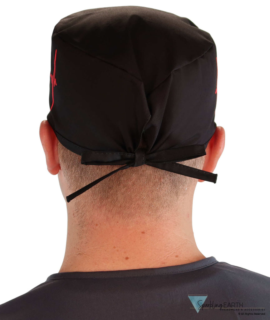 Classic Cotton Surgical Scrub Cap American Made with Sweatband Red EKG on Black Surgical Scrub Caps
