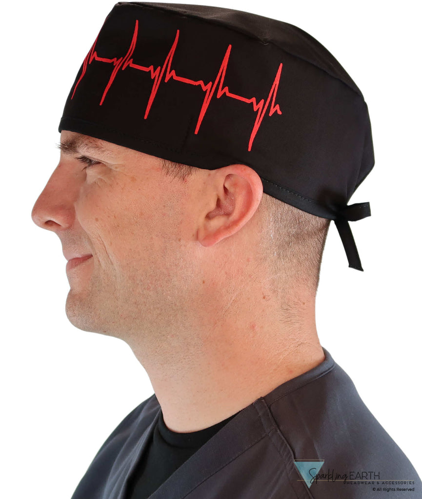 Classic Cotton Surgical Scrub Cap American Made with Sweatband Red EKG on Black Surgical Scrub Caps