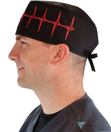 Classic Cotton Surgical Scrub Cap - American-Made with Sweatband - Red EKG on Black - Surgical Scrub Caps - Sparkling EARTH