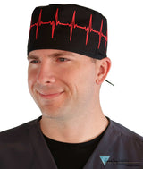 Classic Cotton Surgical Scrub Cap - American-Made with Sweatband - Red EKG on Black Surgical Scrub Caps