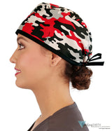 Classic Cotton Surgical Scrub Cap -Red, Grey, Black & White Camouflage with Black Ties Womens Side View