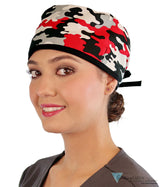 Classic Cotton Surgical Scrub Cap -  Red, Grey, Black & White Camouflage with Black Ties Womens