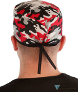 Classic Cotton Surgical Scrub Cap - Red, Grey, Black & White Camouflage with Black Ties Mens Rear View