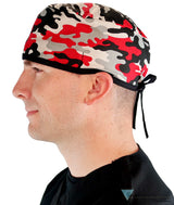 Classic Cotton Surgical Scrub Cap -  Red, Grey, Black & White Camouflage with Black Ties Mens Side View