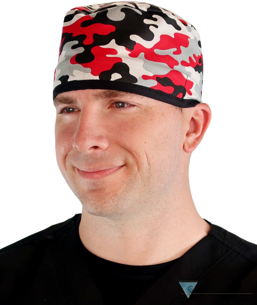 Classic Cotton Surgical Scrub Cap American Made with Sweatband Red Grey Black & White Camouflage with Black Ties