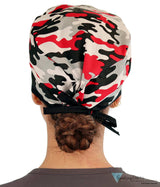 Classic Cotton Surgical Scrub Cap -  Red, Grey, Black & White Camouflage with Black Ties Womens Rear View