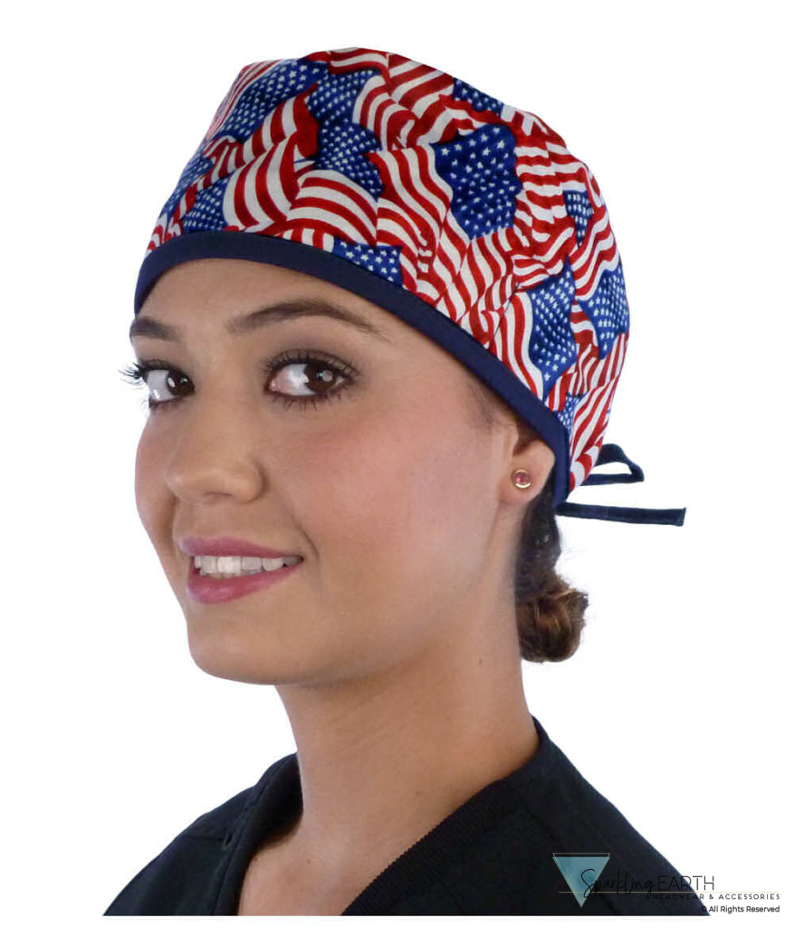 Surgical Scrub Cap - Small Tossed US Flag with Navy Ties - Surgical Scrub Caps - Sparkling EARTH