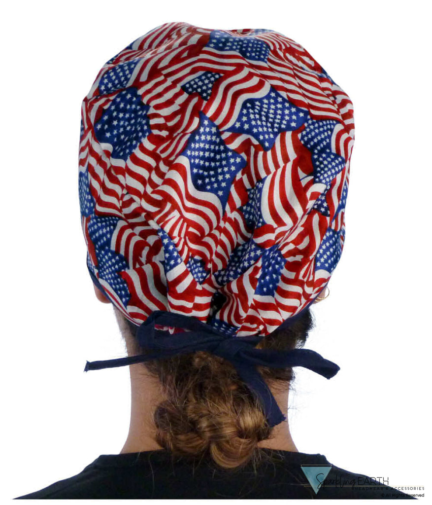 Surgical Scrub Cap - Small Tossed US Flag with Navy Ties - Surgical Scrub Caps - Sparkling EARTH