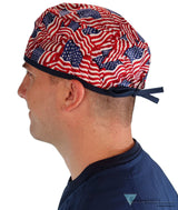 Classic Cotton Surgical Scrub Cap - American-Made with Sweatband - Small Tossed US Flag with Navy Ties SALE-Fall-2025