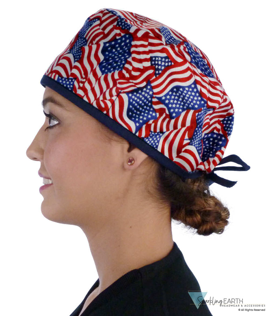 Surgical Scrub Cap - Small Tossed US Flag with Navy Ties - Surgical Scrub Caps - Sparkling EARTH