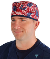 Classic Cotton Surgical Scrub Cap - American-Made with Sweatband - Small Tossed US Flag with Navy Ties SALE-Fall-2025