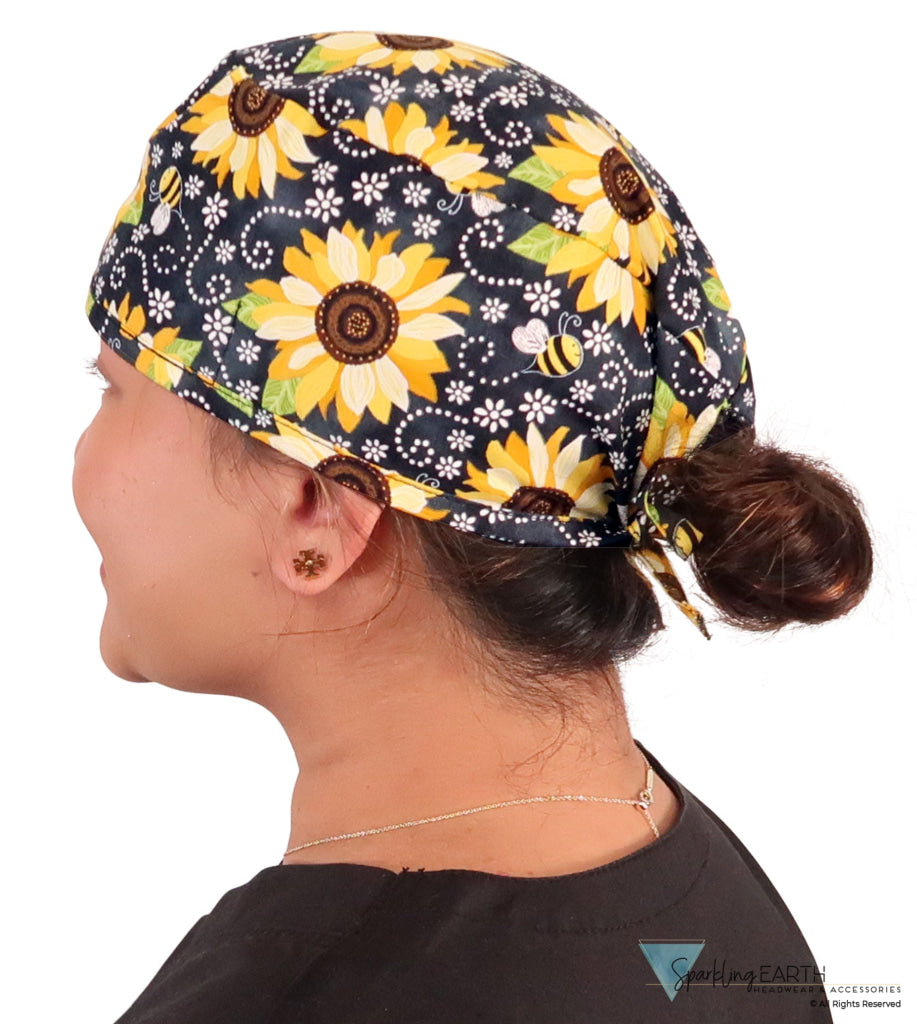Classic Cotton Surgical Scrub Cap - American-Made with Sweatband - Sunflowers on Black SALE-Fall-2025