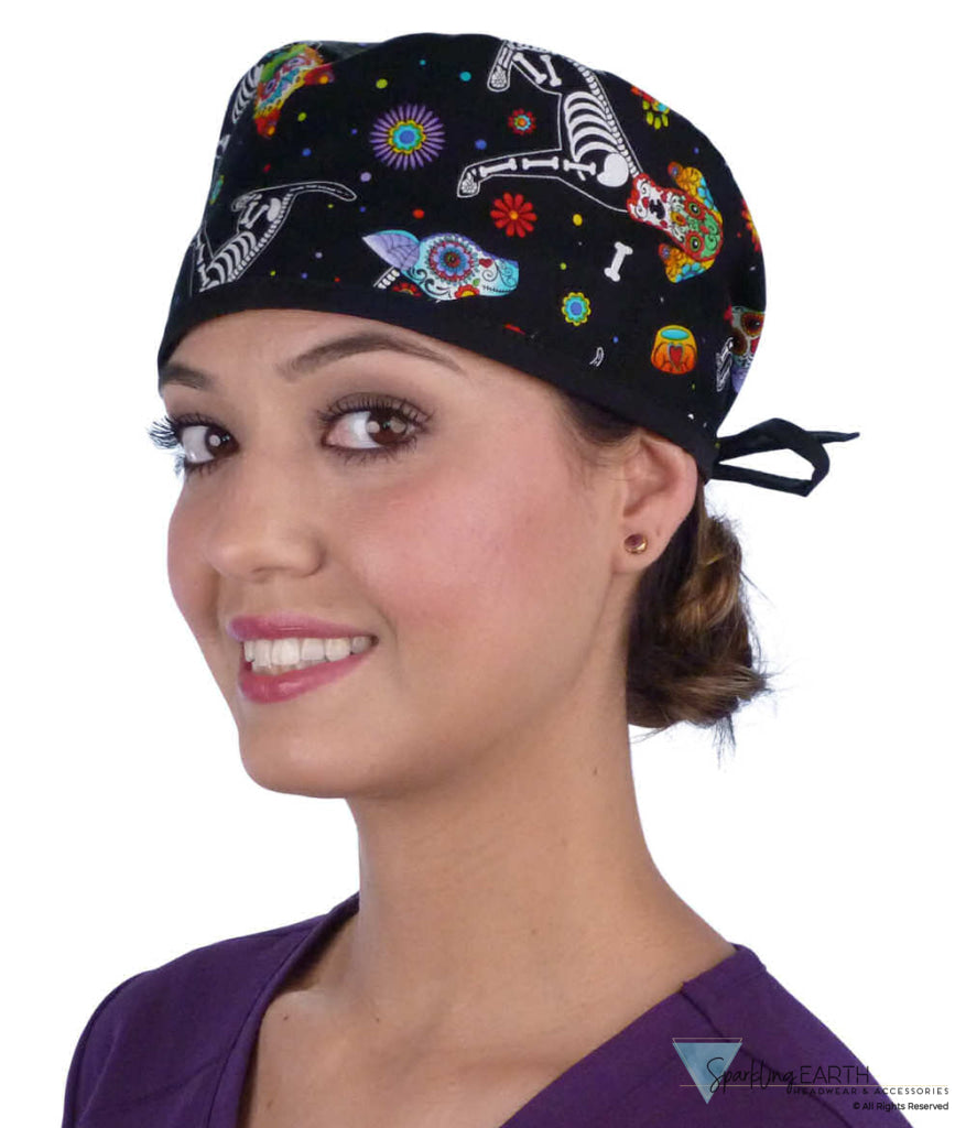 Classic Cotton Surgical Scrub Cap American Made with Sweatband X Ray Dogs with Black Ties Surgical Scrub Caps