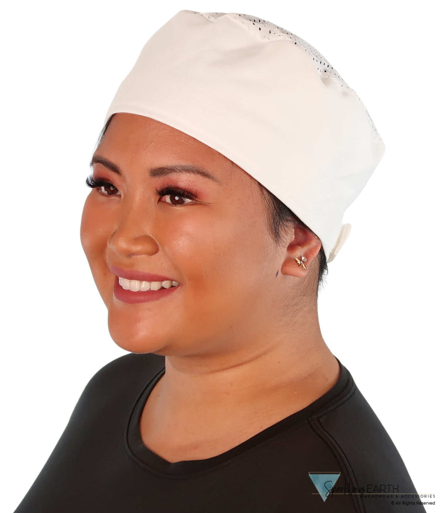 Classic White Cotton Chef Beanie – AirFlow Top Hook & Loop Closure - Made in USA - White Airflow Mesh with sweatband