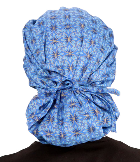 Banded Bouffant Surgical Scrub Cap - Golden Metallic Blue Blossoms - Banded Bouffant Surgical Scrub Caps - Sparkling EARTH