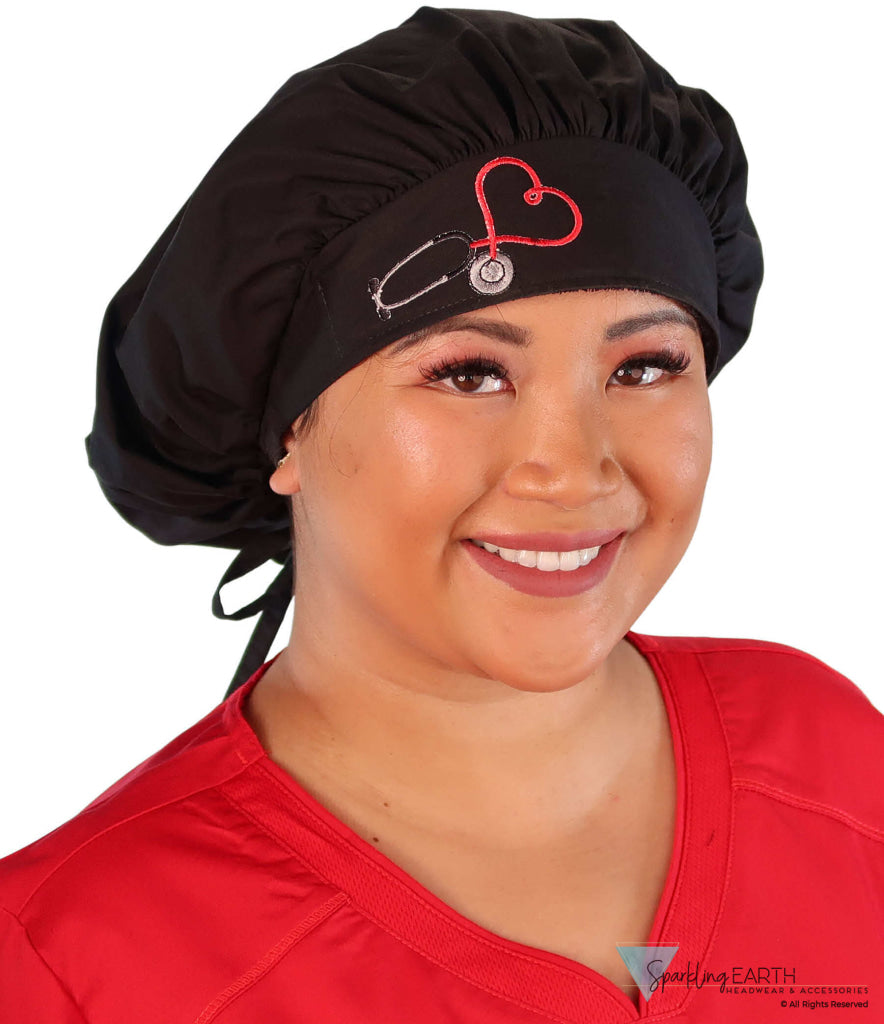 Embellished Banded Bouffant - Black Banded Bouffant with Heart Stethoscope Patch - Banded Bouffant Surgical Scrub Caps - Sparkling EARTH