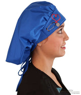 Embellished Banded Bouffant Ponytail Scrub Cap - American Made - Royal Blue Banded Bouffant with Heart Stethoscope