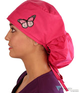 Embellished Big Hair Ponytail Scrub Cap for Long Hair - Made in USA - Hot Pink Big Hair with Pink Butterfly Patch Big