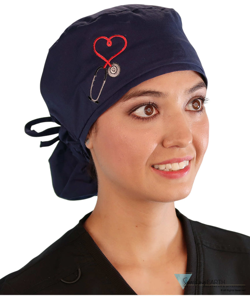 Embellished Big Hair Ponytail Scrub Cap for Long Hair - Made in USA - Navy Big Hair with Heart Stethoscope Patch Big