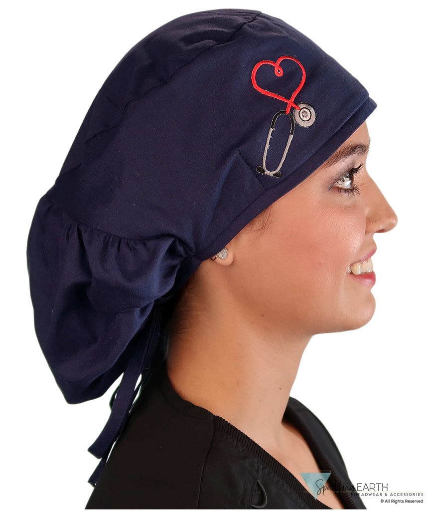 Embellished Big Hair Ponytail Scrub Cap for Long Hair - Made in USA - Navy Big Hair with Heart Stethoscope Patch Big