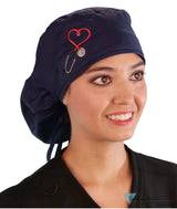 Embellished Big Hair Ponytail Scrub Cap for Long Hair - Made in USA - Navy Big Hair with Heart Stethoscope Patch Big