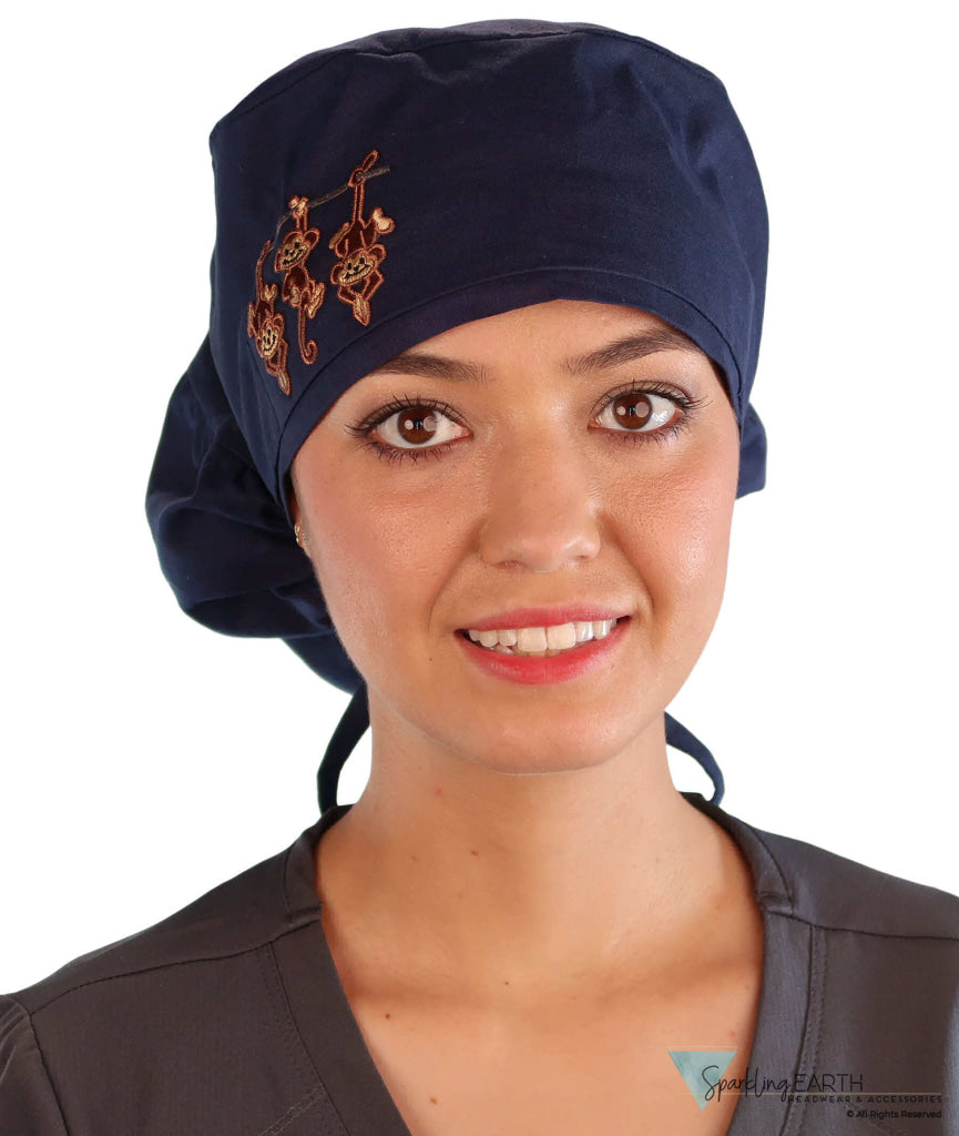 Embellished Big Hair Surgical Cap - Navy Big Hair with Three Monkeys Patch - Big Hair Surgical Scrub Caps - Sparkling EARTH