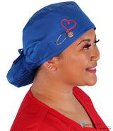 Embellished Big Hair Ponytail Scrub Cap for Long Hair - Made in USA - Royal Big Hair with Heart Stethoscope Patch Big