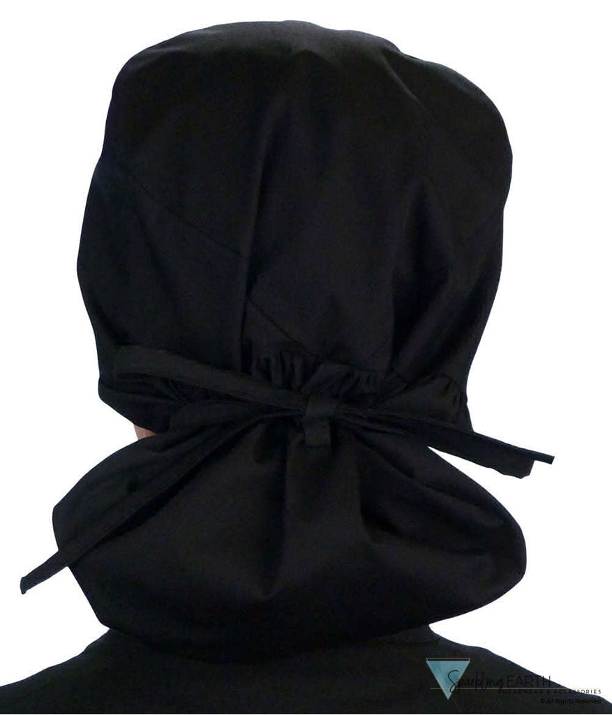 Embellished Big Hair Surgical Cap - Black Big Hair with Heart Stethoscope Patch Big Hair Surgical Scrub Caps