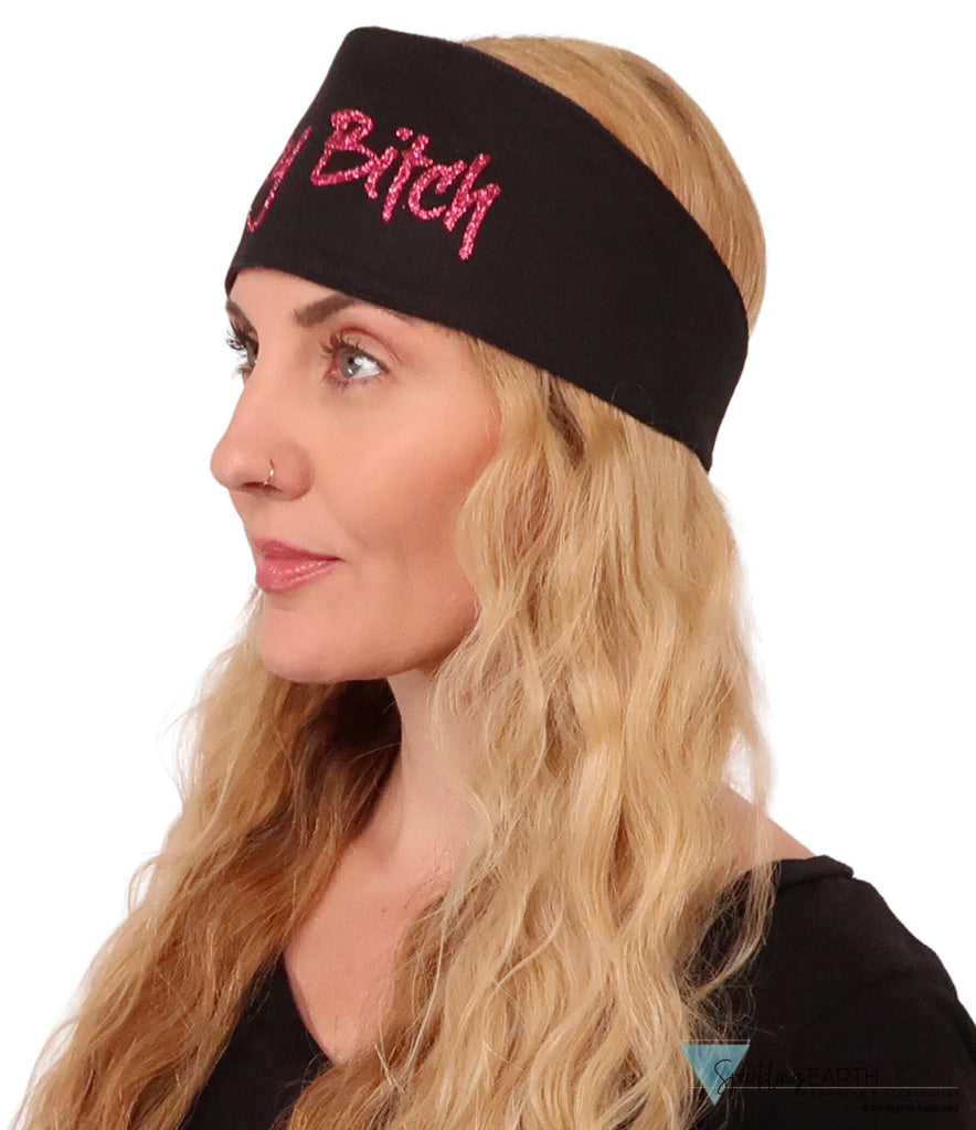 Embellished Chop Top Doo Wrap – Bold Biker Bandana with Exclusive Bling - Glitter Pink Crazy Bitch on Black Imported