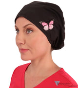 Embellished Euro Style Riley Comfort Scrub Cap - American Made - Pink Butterfly Patch on Black Riley Comfort Scrub Caps