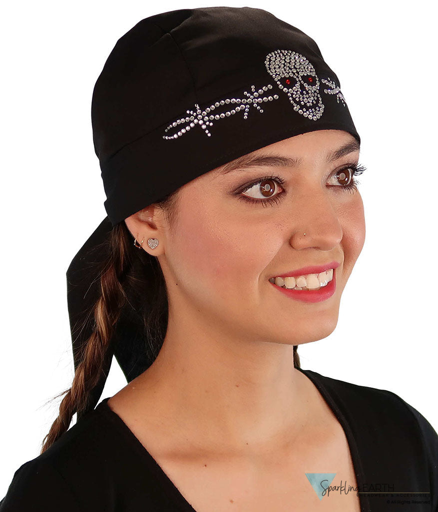Embellished Classic Skull Cap - Black Skull Cap with Skull & Barbed Wire Rhinestud/Stone Design - Classic Skull Caps - Sparkling EARTH