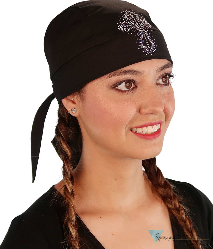 Embellished Classic Skull Cap - Black Skull Cap with Glitter Cross Rhinestud/Stone Design - Classic Skull Caps - Sparkling EARTH