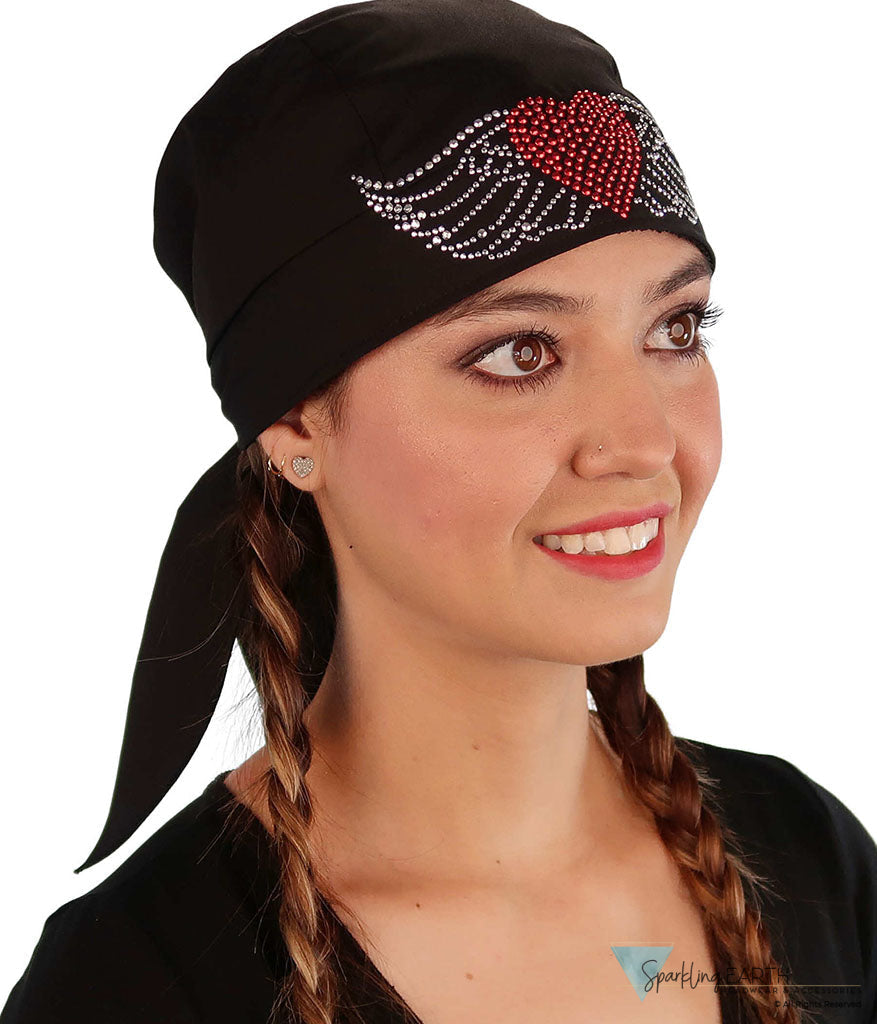 Embellished Classic Skull Cap - Black Skull Cap with Large Heart & Wings Rhinestud/Stone Design - Classic Skull Caps - Sparkling EARTH