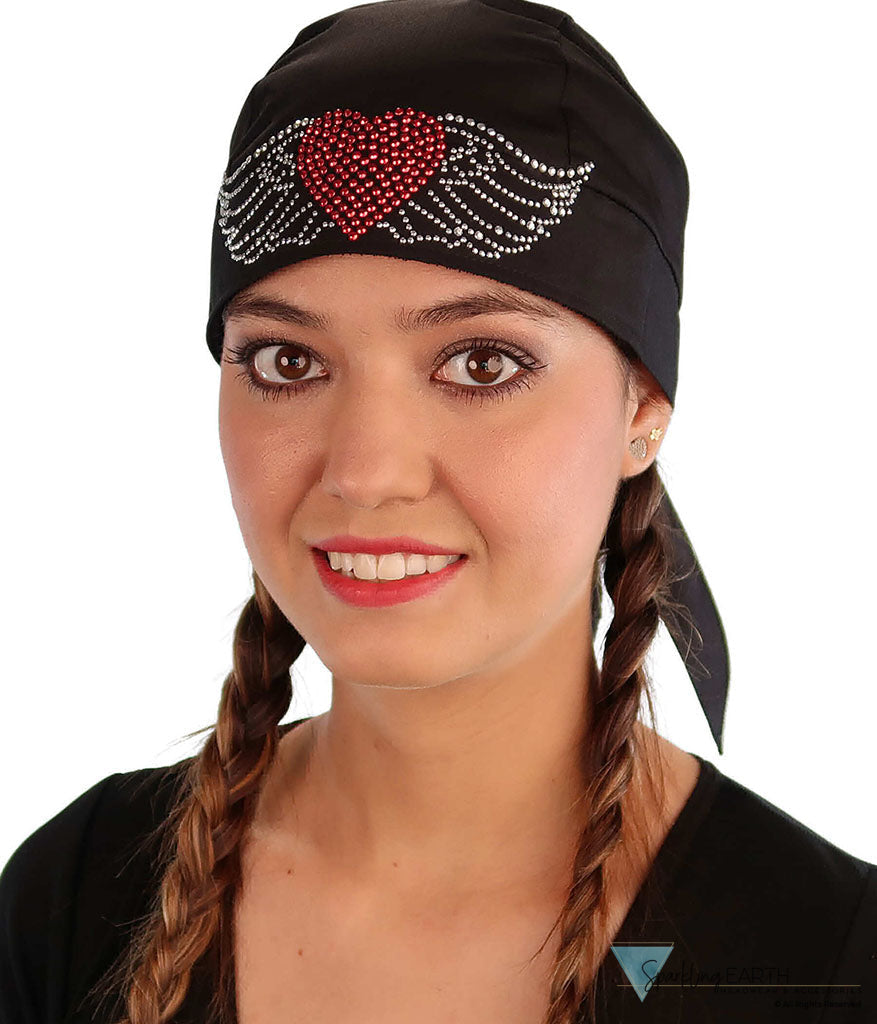 Embellished Classic Skull Cap - Black Skull Cap with Large Heart & Wings Rhinestud/Stone Design - Classic Skull Caps - Sparkling EARTH