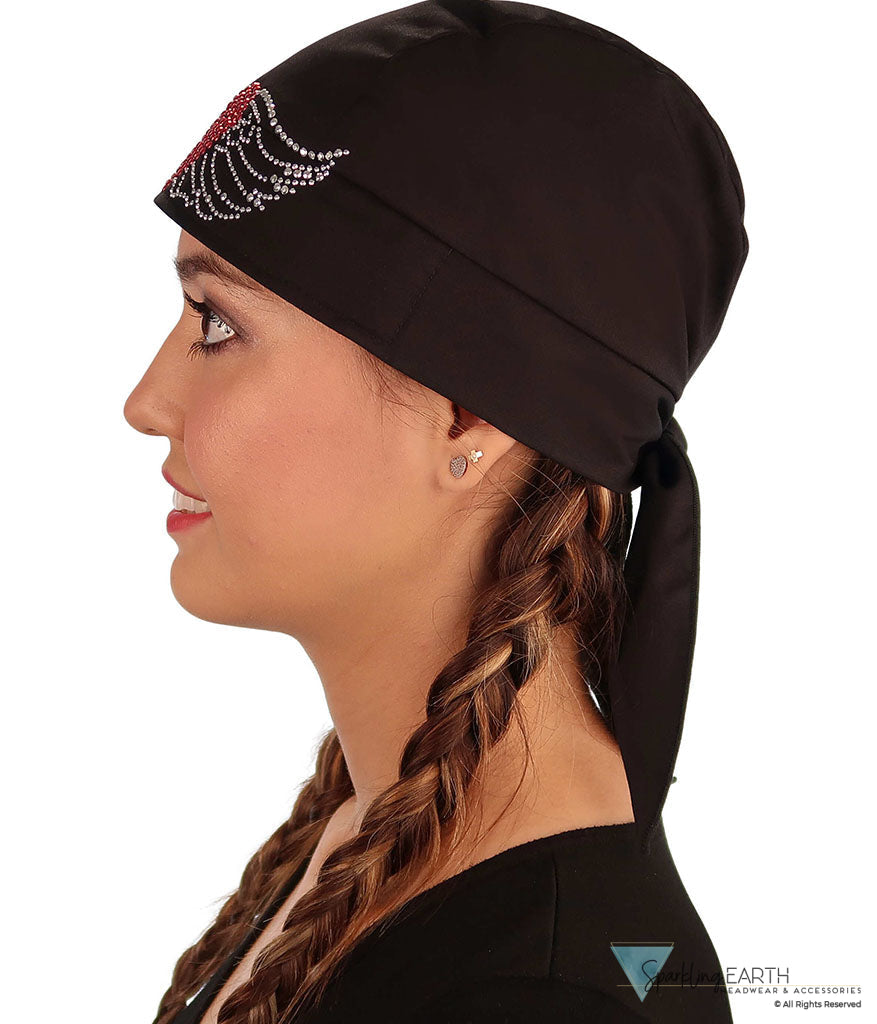 Embellished Classic Skull Cap - Black Skull Cap with Large Heart & Wings Rhinestud/Stone Design - Classic Skull Caps - Sparkling EARTH