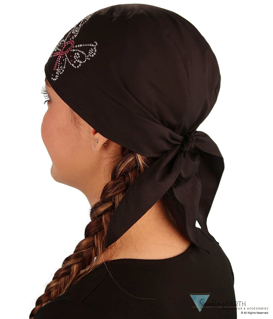 Embellished Classic Skull Cap - Black Skull Cap with Pink Ribbon Butterfly Rhinestud/Stone Design - Classic Skull Caps - Sparkling EARTH